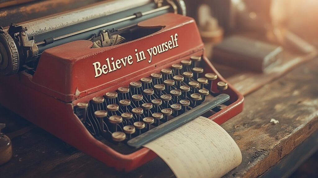 A vintage red typewriter sits on a wooden table, bearing a motivational quote 'Believe in yourself'.