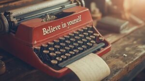 A vintage red typewriter sits on a wooden table, bearing a motivational quote 'Believe in yourself'.