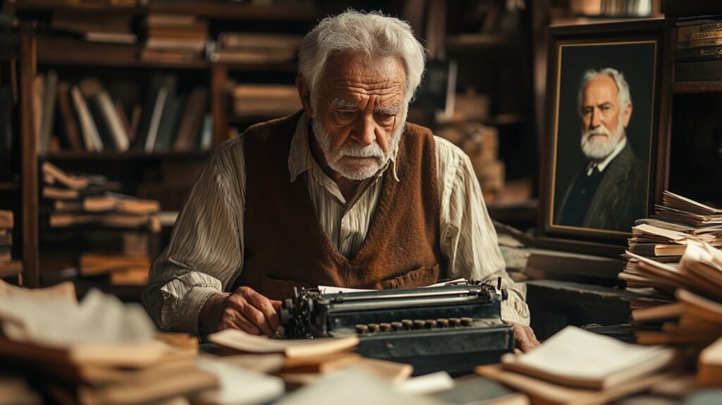 An elderly man with a white beard focuses intensely as he types on an old typewriter surrounded by books.